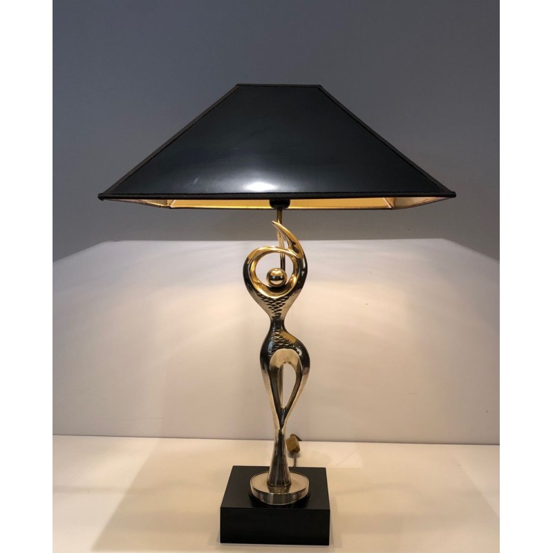 Brass Figural Table Lamp of a Stylised Dancer on Lacquered Base, French Work, circa 1970