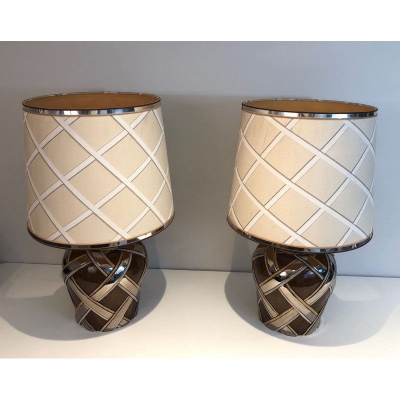 Important Pair of Ceramic Table Lamps, French Work, circa 1970