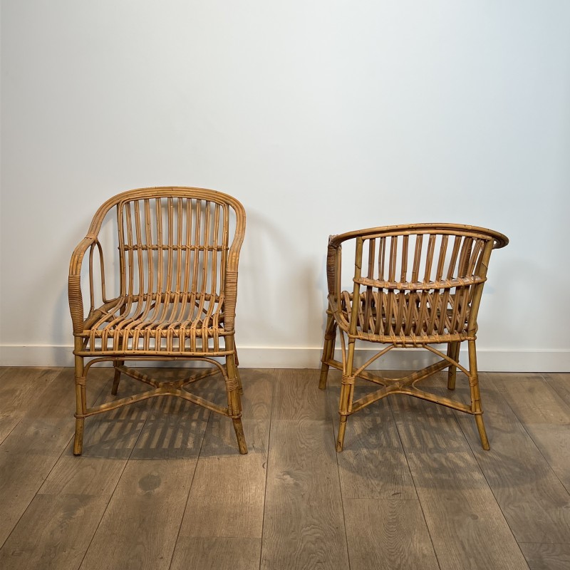 Pair of Rattan Armchairs with Wraparound Back, French Work | Maison Barrois