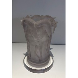 Lucite Table Lamp with Horse Figures, in the Style of Maison Lalique, French Work, circa 1970