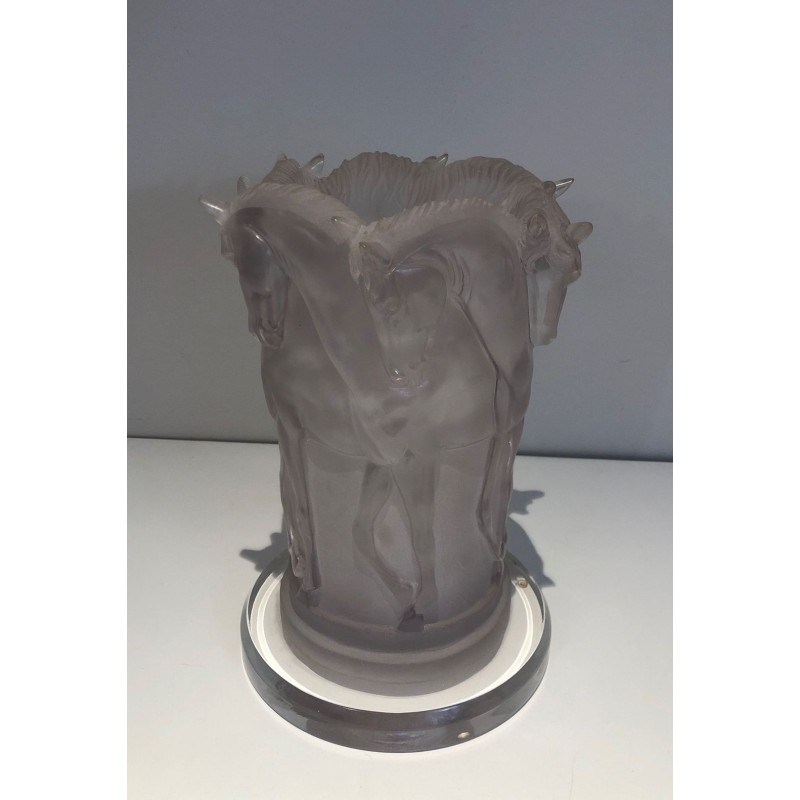 Lucite Table Lamp with Horse Figures, in the Style of Maison Lalique, French Work, circa 1970
