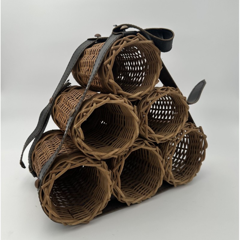 Bottle Rack in Woven Wicker and Leather with Six Pyramid-F | Maison Barrois