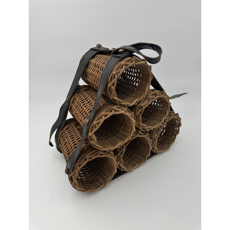 Bottle Rack in Woven Wicker and Leather with Six Pyramid-F | Maison Barrois