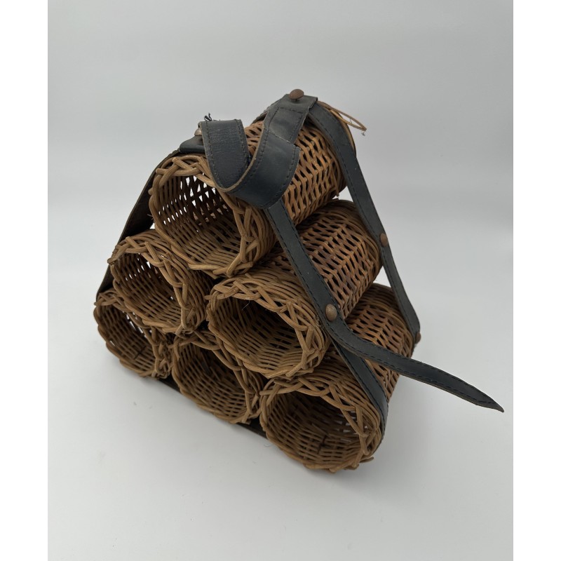 Bottle Rack in Woven Wicker and Leather with Six Pyramid-F | Maison Barrois