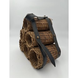 Bottle Rack in Woven Wicker and Leather with Six Pyramid-F | Maison Barrois