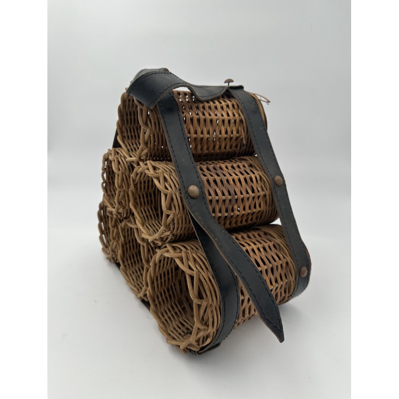 Bottle Rack in Woven Wicker and Leather with Six Pyramid-F | Maison Barrois