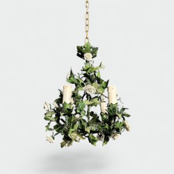 Chandelier in Painted Tole with Green Foliage and White Po | Maison Barrois