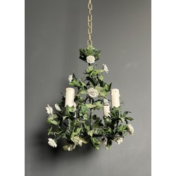 Chandelier in Painted Tole with Green Foliage and White Po | Maison Barrois