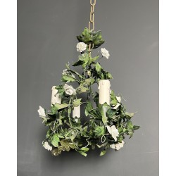 Chandelier in Painted Tole with Green Foliage and White Po | Maison Barrois