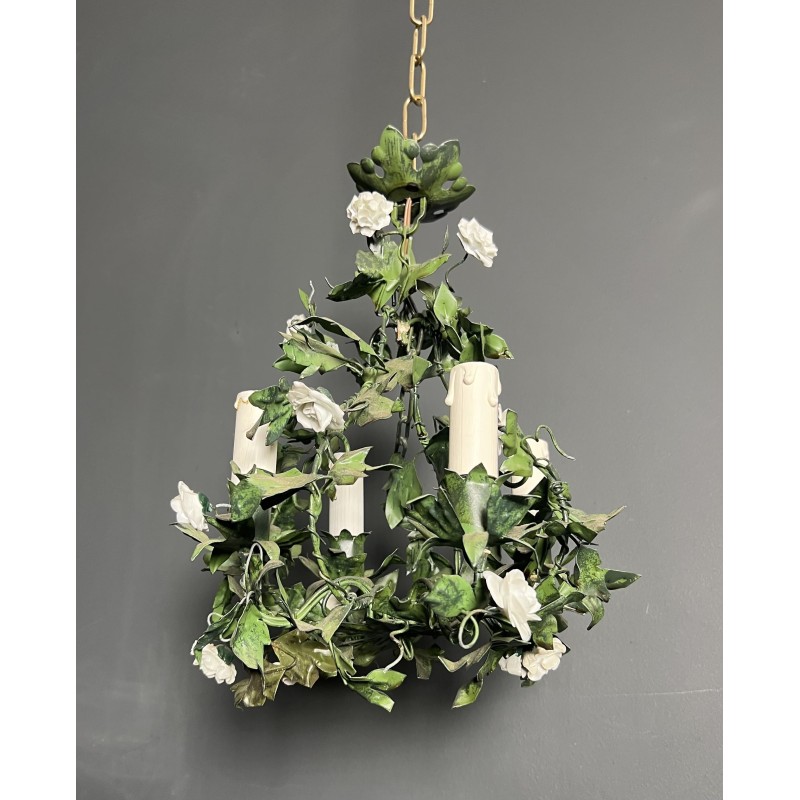 Chandelier in Painted Tole with Green Foliage and White Po | Maison Barrois