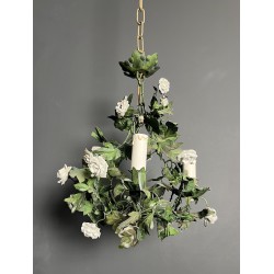 Chandelier in Painted Tole with Green Foliage and White Po | Maison Barrois