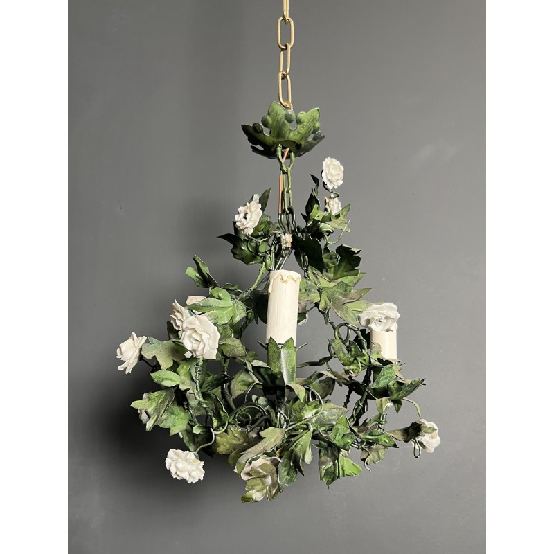 Chandelier in Painted Tole with Green Foliage and White Po | Maison Barrois