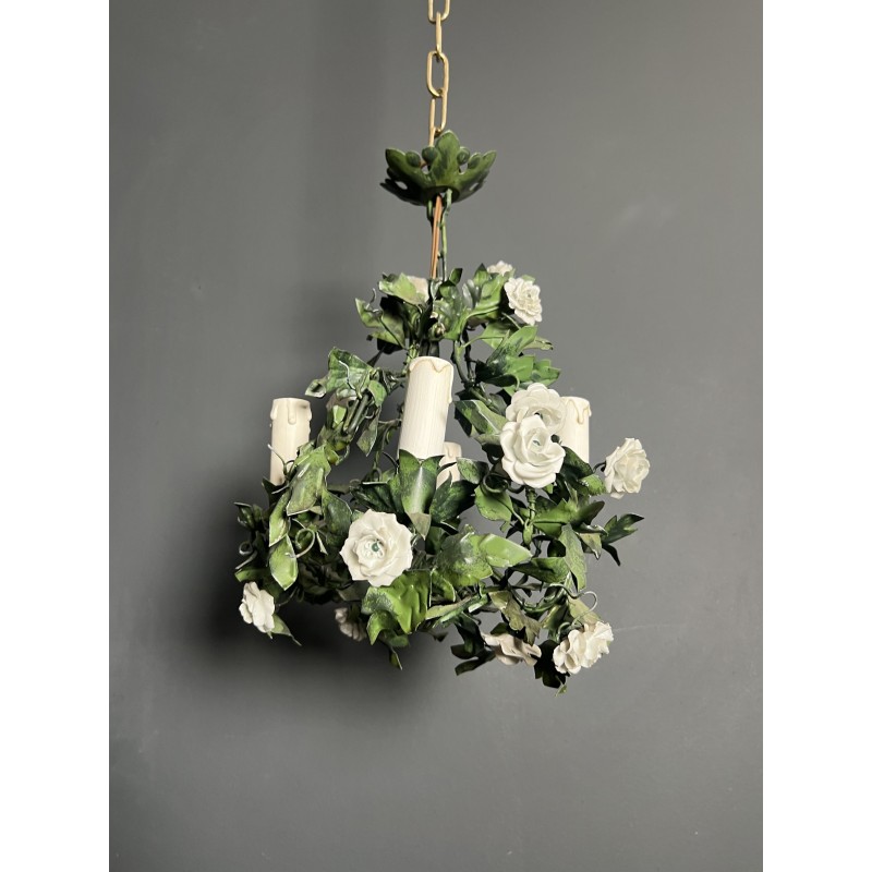 Chandelier in Painted Tole with Green Foliage and White Po | Maison Barrois