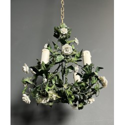 Chandelier in Painted Tole with Green Foliage and White Po | Maison Barrois