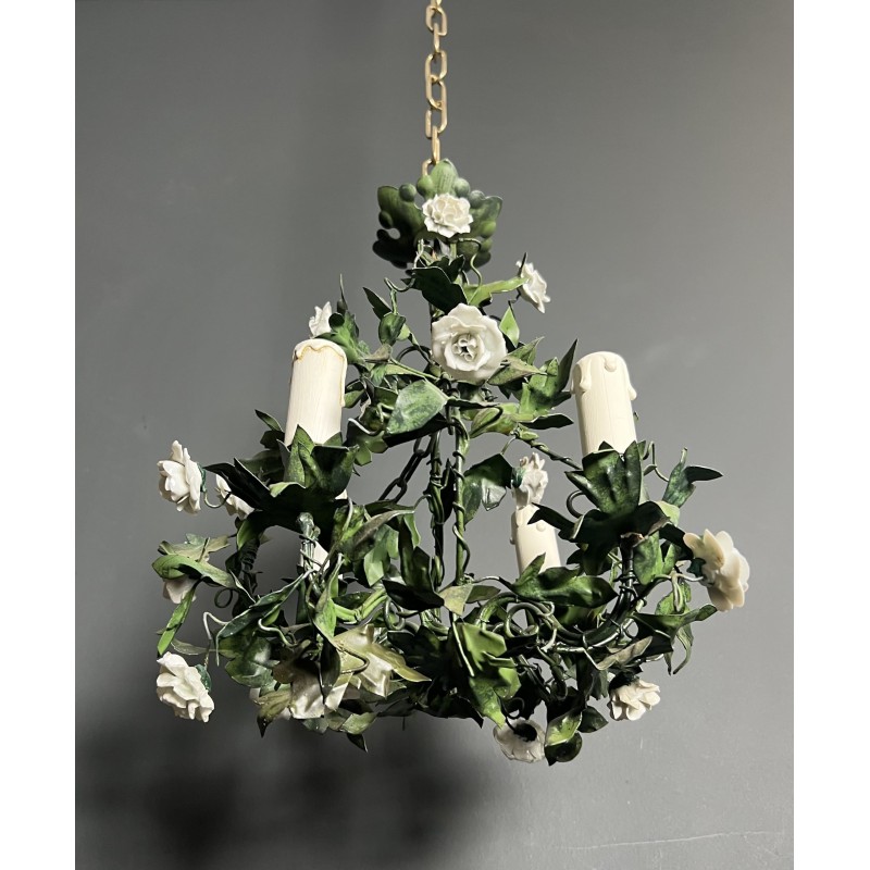 Chandelier in Painted Tole with Green Foliage and White Po | Maison Barrois