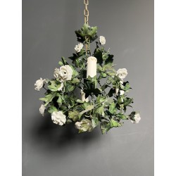 Chandelier in Painted Tole with Green Foliage and White Po | Maison Barrois
