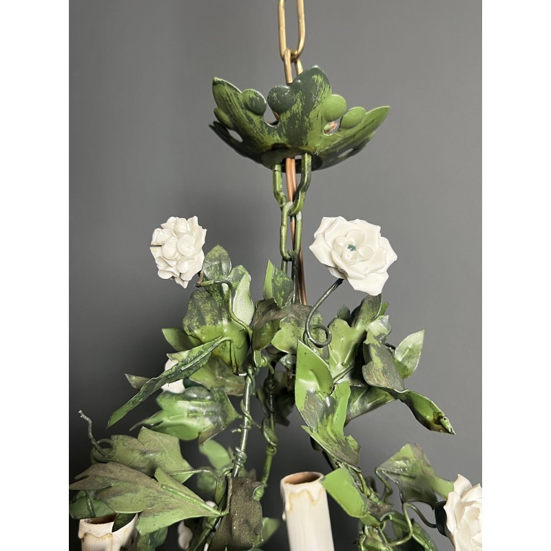 Chandelier in Painted Tole with Green Foliage and White Po | Maison Barrois