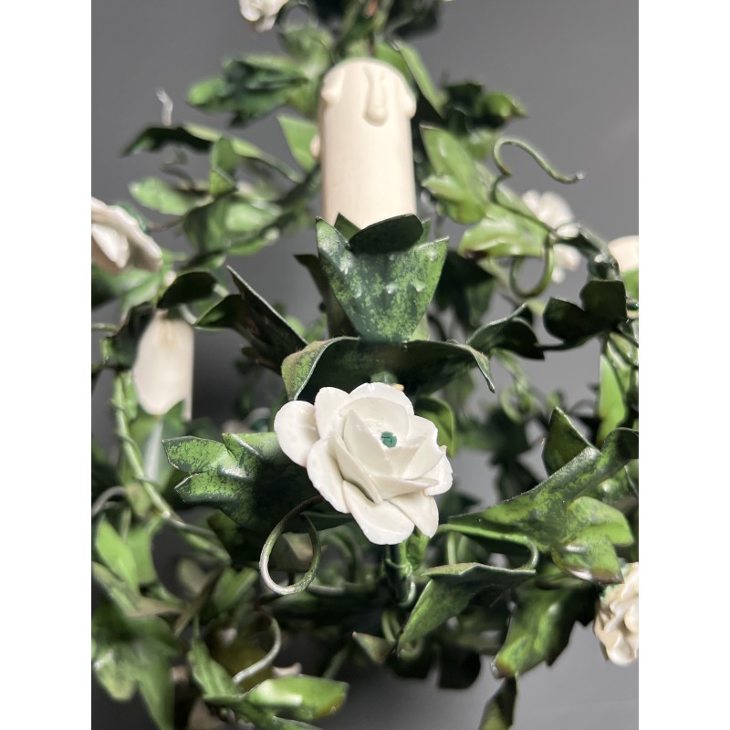 Chandelier in Painted Tole with Green Foliage and White Po | Maison Barrois