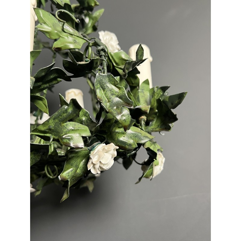 Chandelier in Painted Tole with Green Foliage and White Po | Maison Barrois