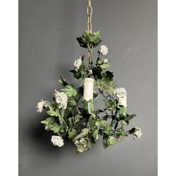 Chandelier in Painted Tole with Green Foliage and White Po | Maison Barrois