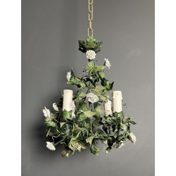 Chandelier in Painted Tole with Green Foliage and White Po | Maison Barrois