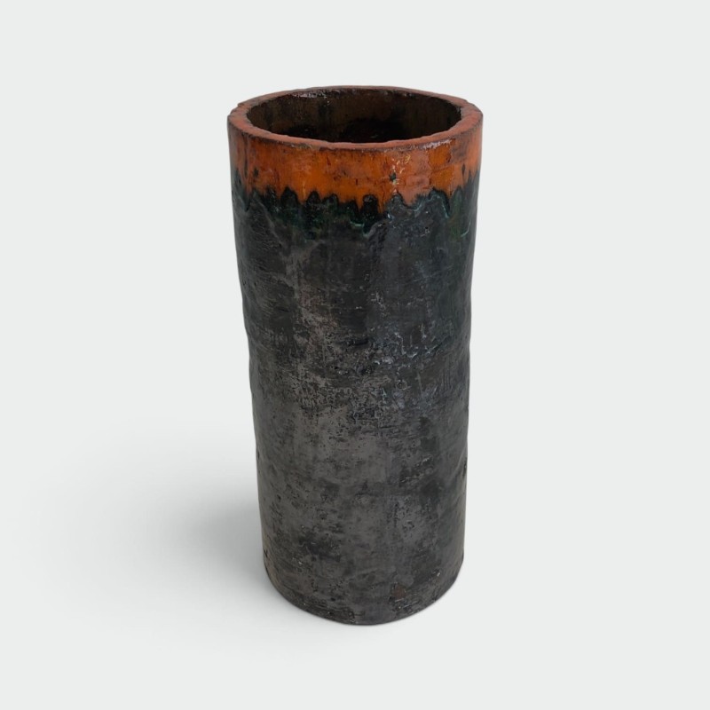 Cylindrical Brutalist Ceramic Vase, Textured Black Body an | Maison Barrois