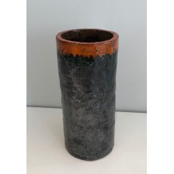 Cylindrical Brutalist Ceramic Vase, Textured Black Body an | Maison Barrois