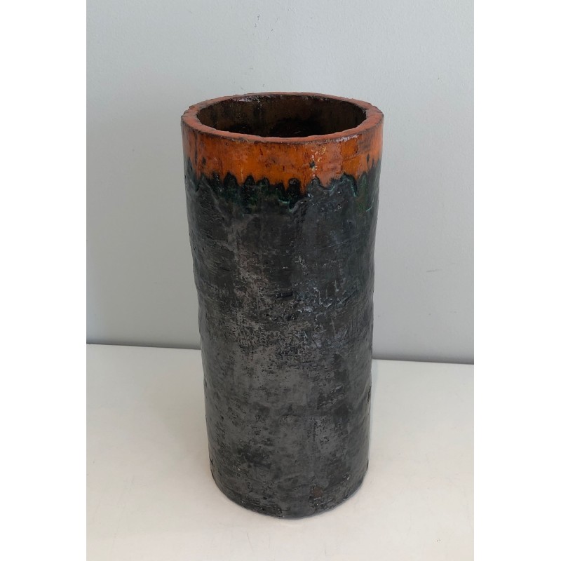 Cylindrical Brutalist Ceramic Vase, Textured Black Body an | Maison Barrois