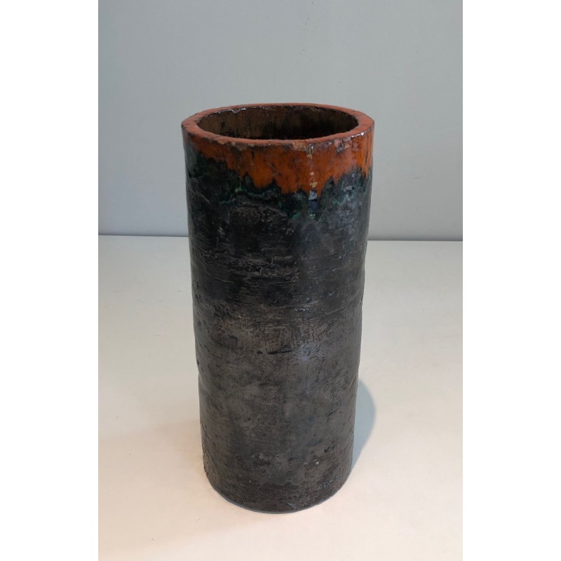 Cylindrical Brutalist Ceramic Vase, Textured Black Body an | Maison Barrois