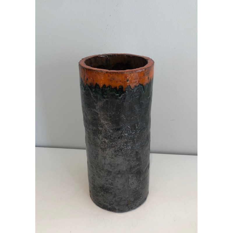 Cylindrical Brutalist Ceramic Vase, Textured Black Body an | Maison Barrois