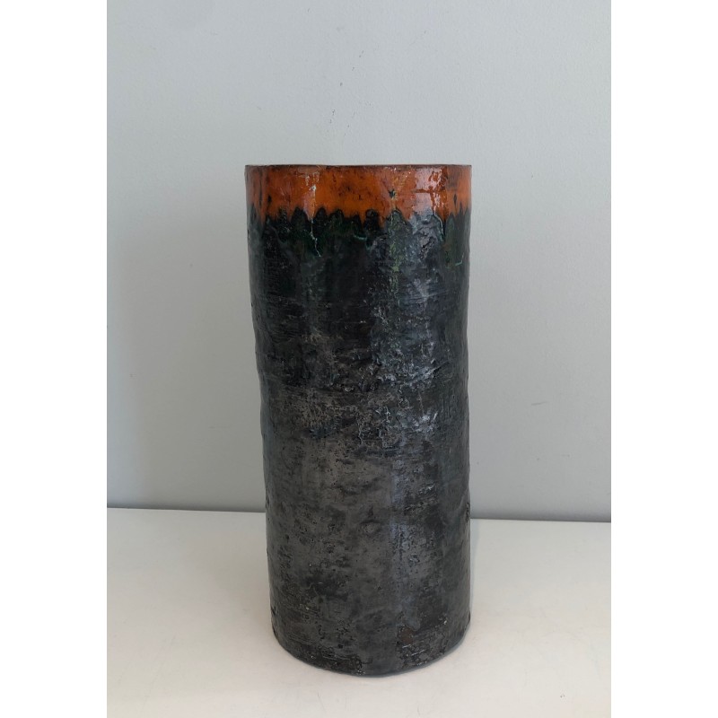 Cylindrical Brutalist Ceramic Vase, Textured Black Body an | Maison Barrois