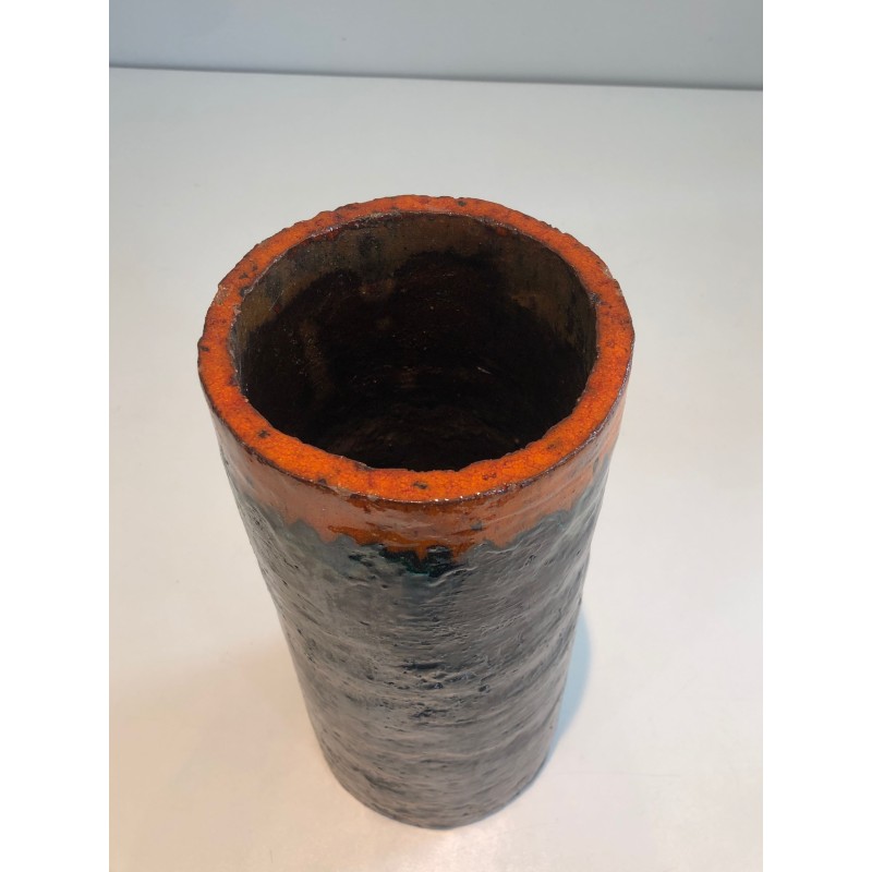 Cylindrical Brutalist Ceramic Vase, Textured Black Body an | Maison Barrois