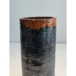 Cylindrical Brutalist Ceramic Vase, Textured Black Body an | Maison Barrois