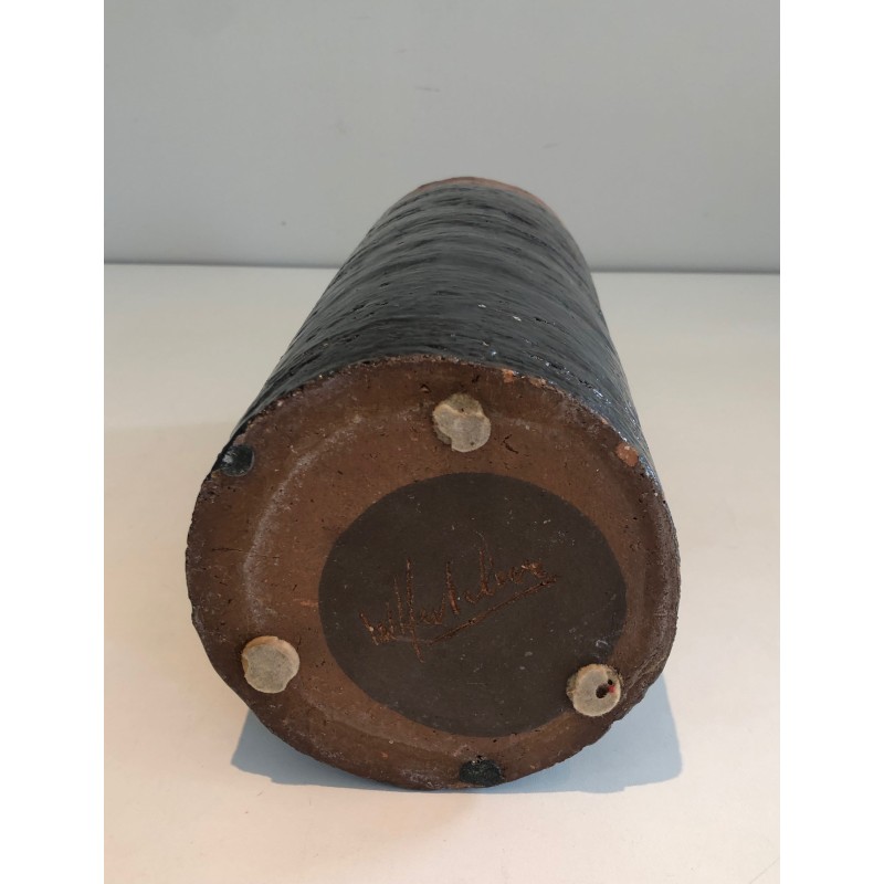 Cylindrical Brutalist Ceramic Vase, Textured Black Body an | Maison Barrois