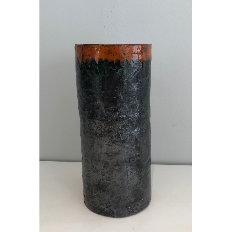 Cylindrical Brutalist Ceramic Vase, Textured Black Body an | Maison Barrois
