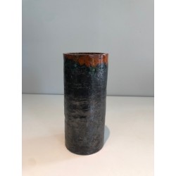 Cylindrical Brutalist Ceramic Vase, Textured Black Body an | Maison Barrois