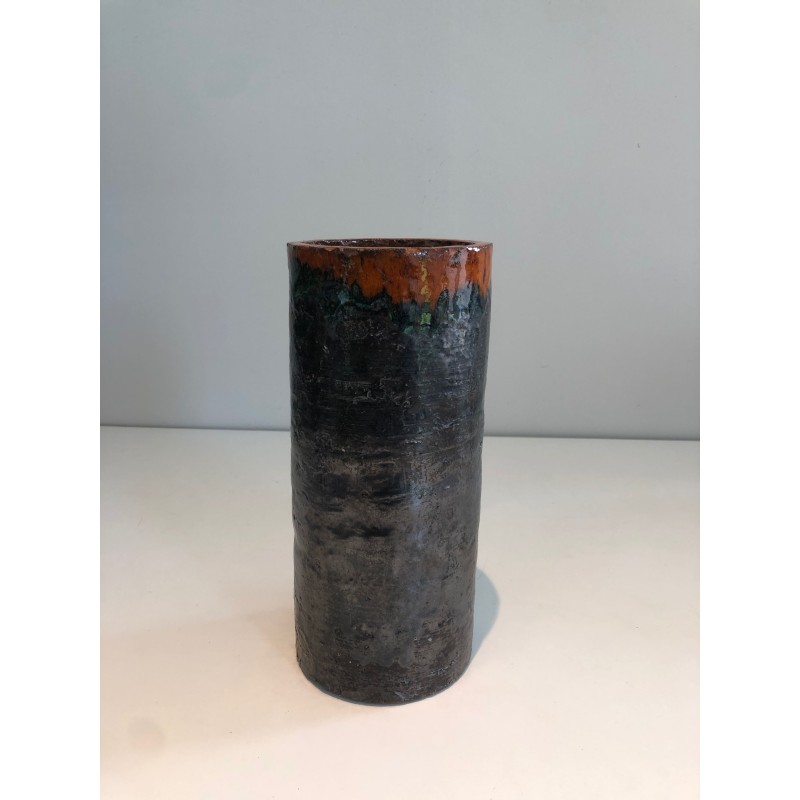 Cylindrical Brutalist Ceramic Vase, Textured Black Body an | Maison Barrois