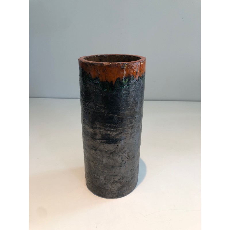 Cylindrical Brutalist Ceramic Vase, Textured Black Body an | Maison Barrois