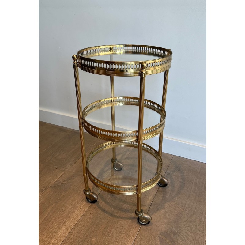 Round Brass Bar Cart with Three Glass Tiers and Openwork, | Maison Barrois