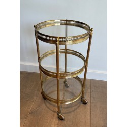 Round Brass Bar Cart with Three Glass Tiers and Openwork, | Maison Barrois