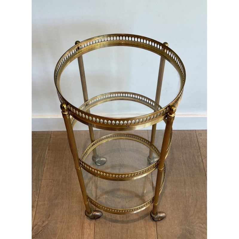 Round Brass Bar Cart with Three Glass Tiers and Openwork, | Maison Barrois
