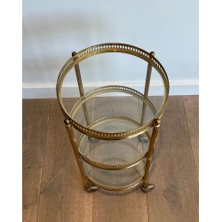 Round Brass Bar Cart with Three Glass Tiers and Openwork, | Maison Barrois