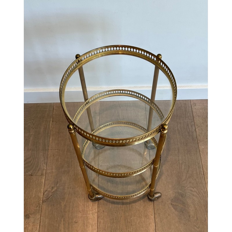 Round Brass Bar Cart with Three Glass Tiers and Openwork, | Maison Barrois