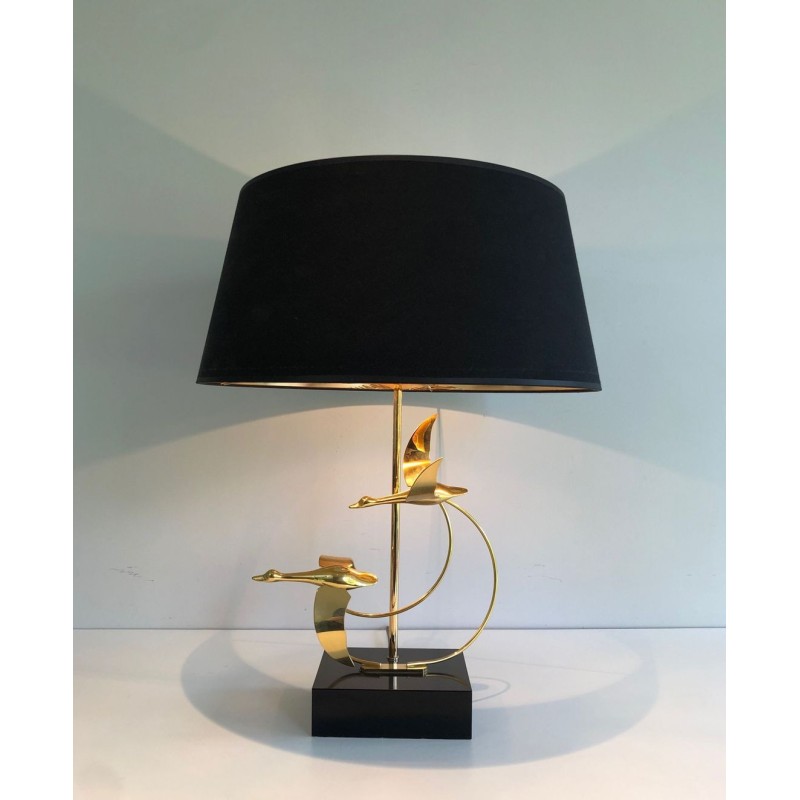 Brass Table Lamp with Flock of Wild Geese, French Work, circa 1970