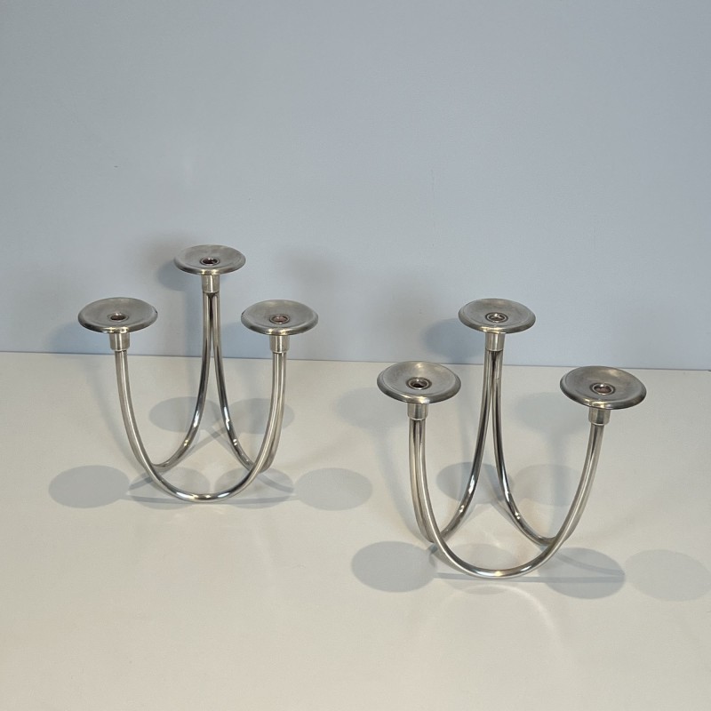 Pair of Candlesticks with Three Lights in Chrome Metal, Mo | Maison Barrois