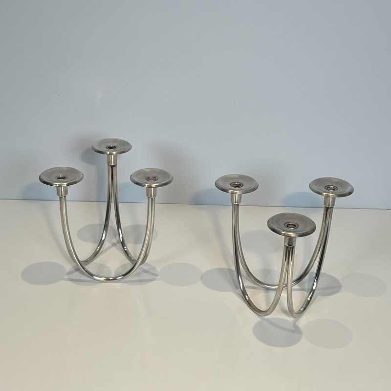 Pair of Candlesticks with Three Lights in Chrome Metal, Mo | Maison Barrois