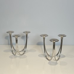 Pair of Candlesticks with Three Lights in Chrome Metal, Mo | Maison Barrois