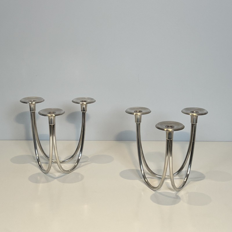 Pair of Candlesticks with Three Lights in Chrome Metal, Mo | Maison Barrois