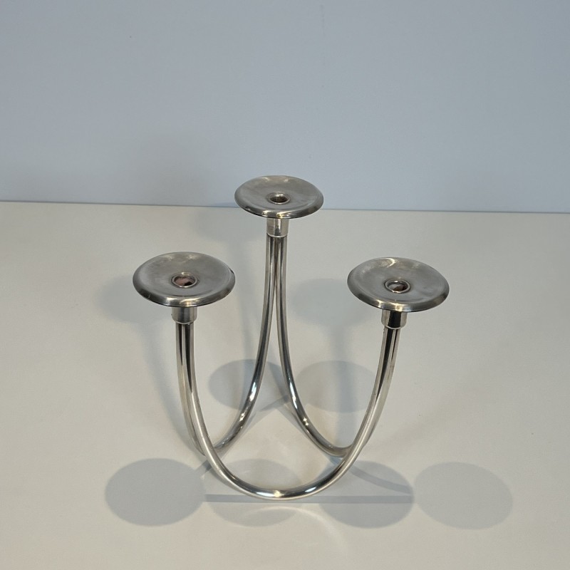 Pair of Candlesticks with Three Lights in Chrome Metal, Mo | Maison Barrois