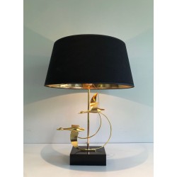 Brass Table Lamp with Flock of Wild Geese, French Work, circa 1970